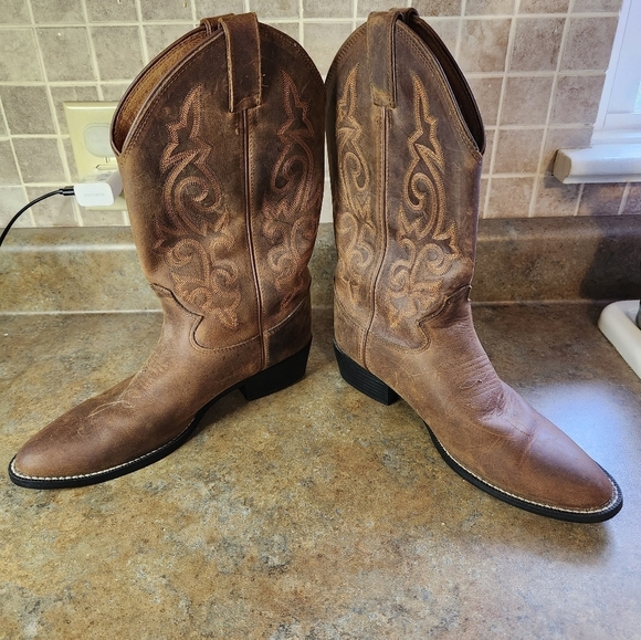 Justin Cowboy Boots Women's Size 6D Mid Calf Pointed Toe Western Brown Leather - Picture 2 of 11